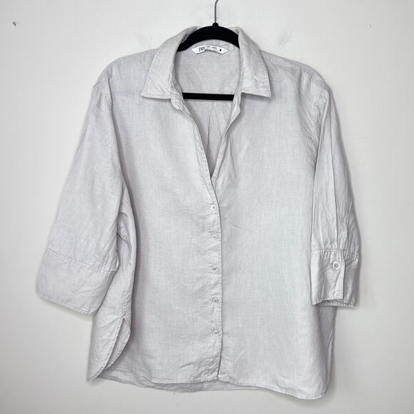Zara Women's Linen 3/4 Sleeve Tan Button Front Top Collared V-Neck Size Large - Picture 1 of 6